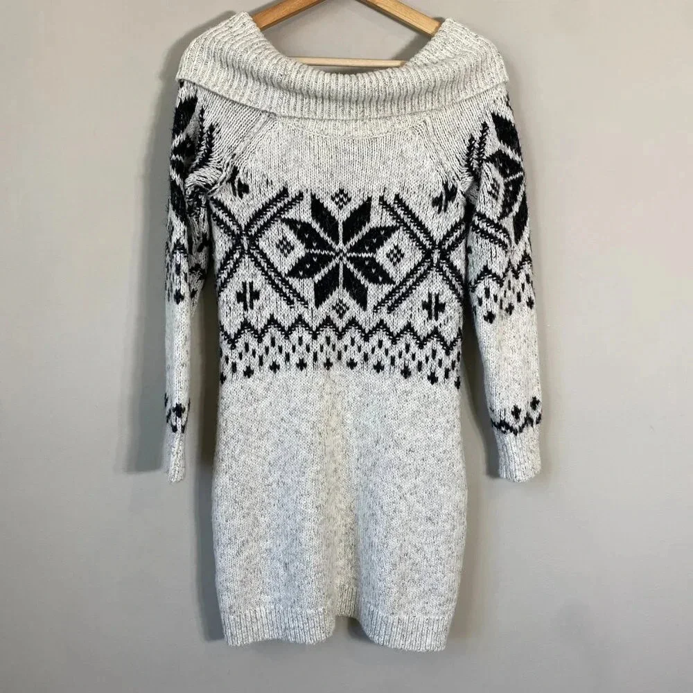 Abercrombie & Fitch Cowl Neck Fair Isle Knit Sweater Dress Womens Small Gray Y2K - Picture 8 of 13